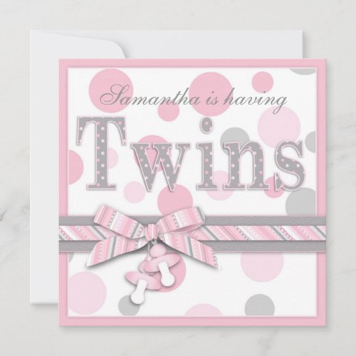 TWIN GIRLS Pink Gray Dots Baby Shower Custom Announcements