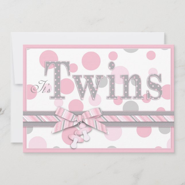 TWIN GIRLS Pink Gray Dots Baby Shower Invitation (Front)