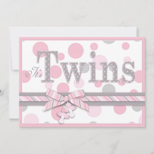 TWIN GIRLS Pink Gray Dots Baby Shower Personalized Invite