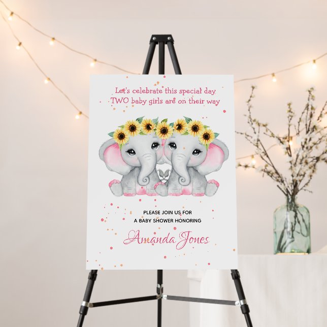 Twin girls pink grey elephants sunflower wreaths foam board (In Situ (Stand))