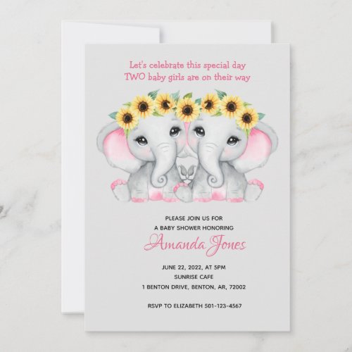 Twin girls pink grey elephants sunflower wreaths invitation