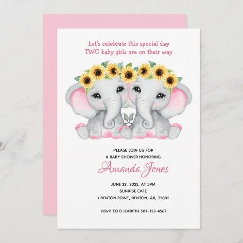 Twin girls pink grey elephants sunflower wreaths invitation