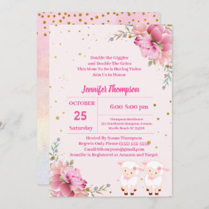 Twin Girls Pink Lambs Invitation