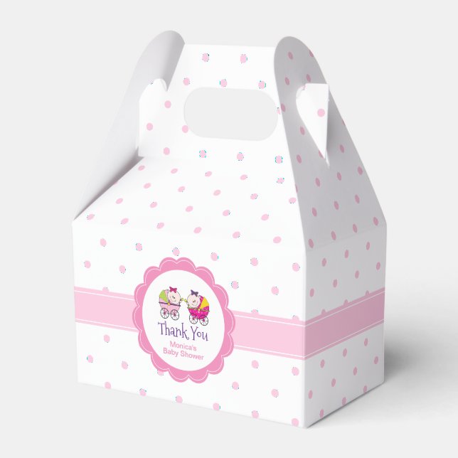 Twin Girls Pink Polka Dots Baby Shower Favor Box (Front Side)