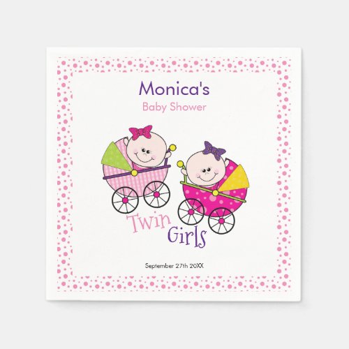 Twin Girls Pink Polka Dots Baby Shower Napkin