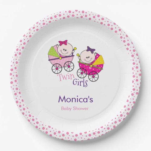 Twin Girls Pink Polka Dots Baby Shower Paper Plate