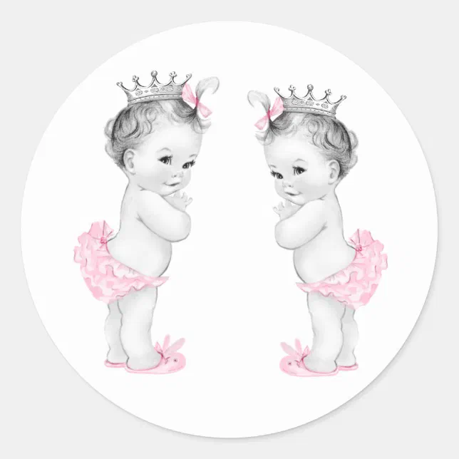 Twin Girls Pink Princess Baby Shower Stickers | Zazzle