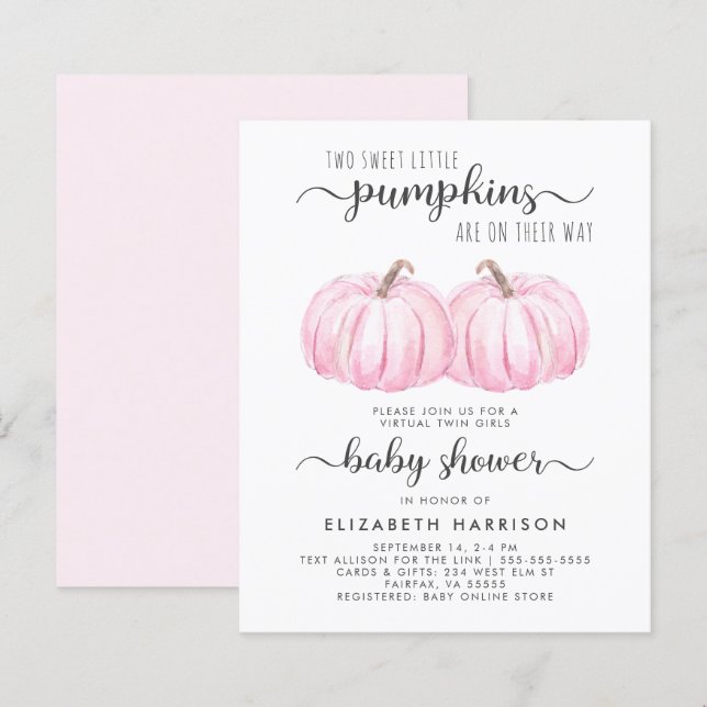 Twin Girls Pink Pumpkin Baby Shower Invitation (Front/Back)