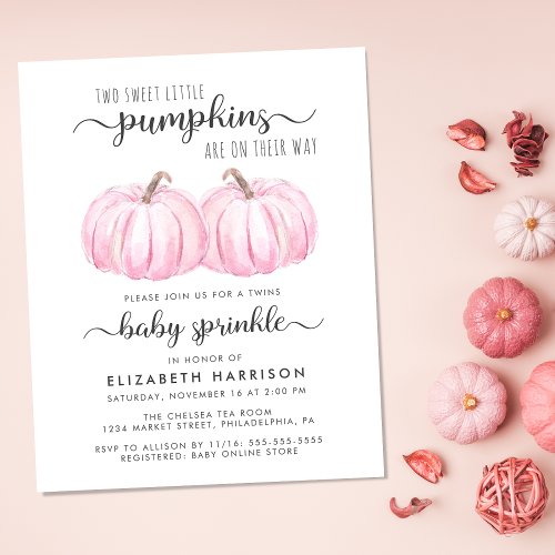 Twin Girls Pink Pumpkin Baby Sprinkle Invitation