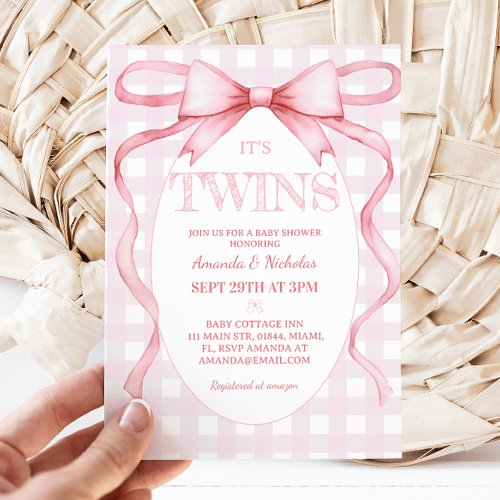 Twin Girls Pink Ribbon Bow Vintage Cute  Invitation