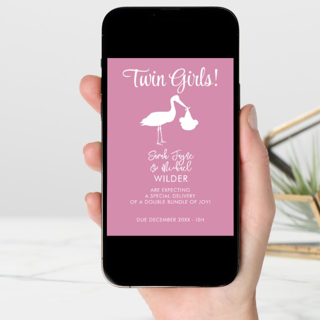 Twin Girls Pink Stork Pregnancy Announcement Card (Front Digital)