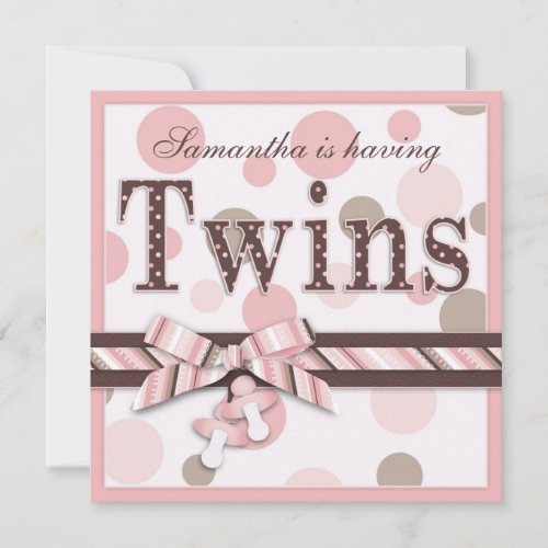 TWIN GIRLS Pink Taupe Dots Baby Shower Invitation