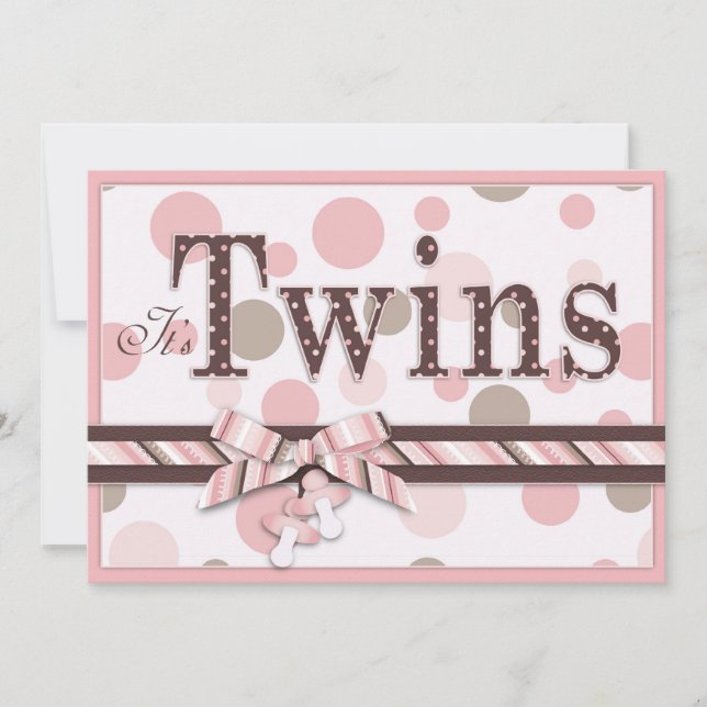 TWIN GIRLS Pink Taupe Dots Baby Shower Invitation (Front)
