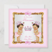 Twin Girls Princess Baby Shower Gold Pink Brunette Invitation (Front)