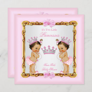 Twin Girls Princess Baby Shower Gold Pink Brunette Invitation