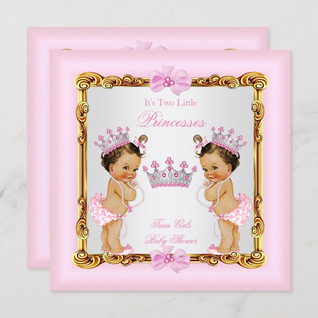 Twin Girls Princess Baby Shower Gold Pink Brunette Invitation (Front/Back)