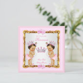 Twin Girls Princess Baby Shower Gold Pink Brunette Invitation (Standing Front)