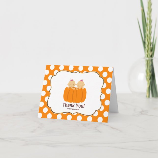 Twin Girls Pumpkin Thank You Note Card (Front)