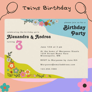 Twin Girls Retro 70's Floral Birthday Party Invita Invitation