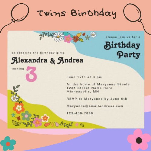 Twin Girls Retro 70s Floral Birthday Party Invita Invitation