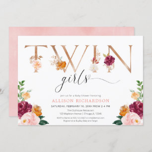 Twin girls rose gold burgundy blush girl shower invitation