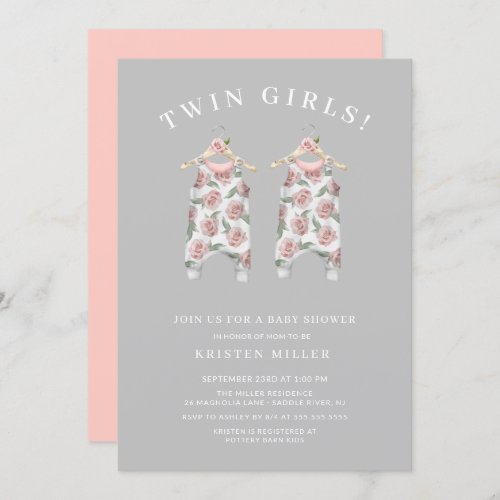 Twin Girls Roses Romper Baby Shower Invitation