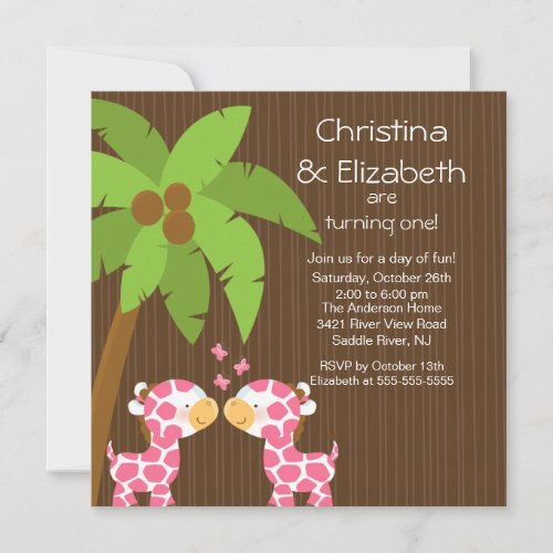 Twin Girls Safari Jungle Giraffe Kid Birthday Custom Announcements