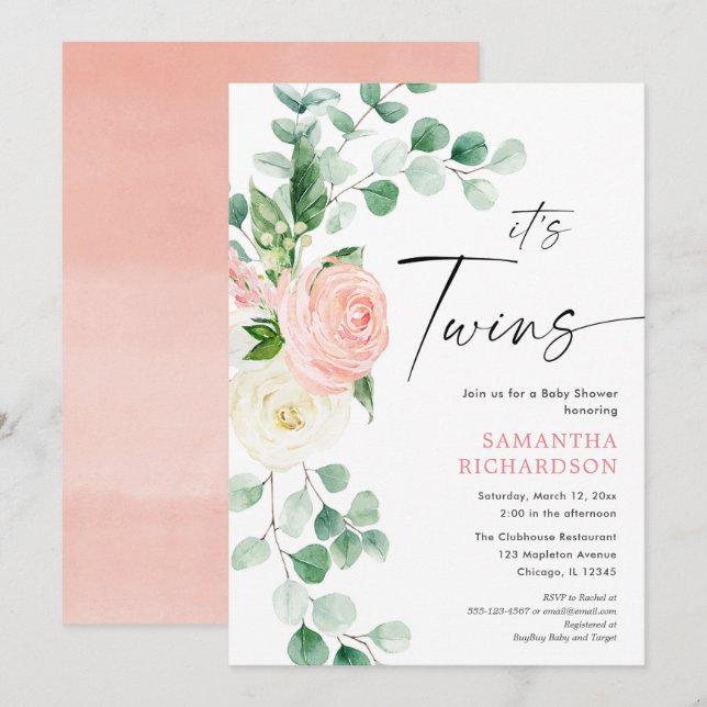Twin girls spring floral greenery baby shower invitation (Front/Back)
