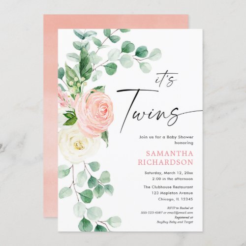 Twin girls spring floral greenery baby shower invitation