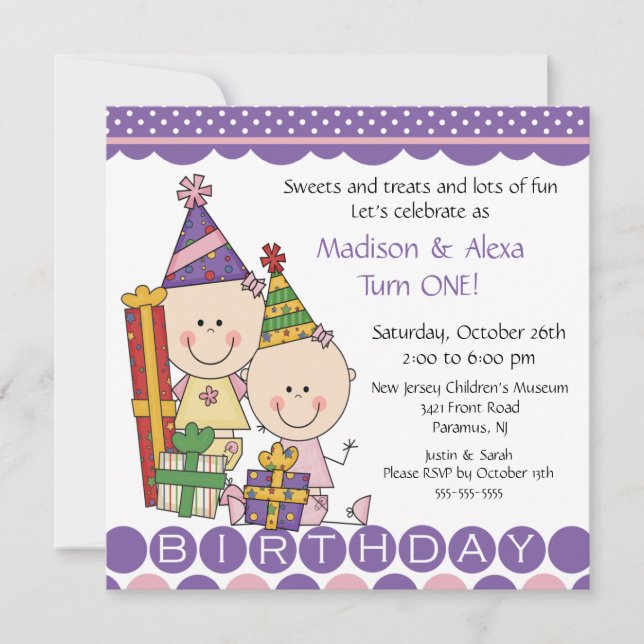 Twin Girls Stick Figure Twins Birthday Invitation (Front)