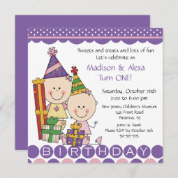 Twin Girls Stick Figure Twins Birthday Invitation | Zazzle