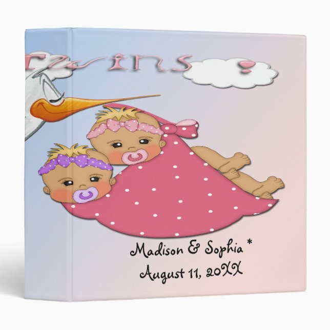 Twin Girls - Stork Keepsake Baby Book 3 Ring Binder (Front/Spine)