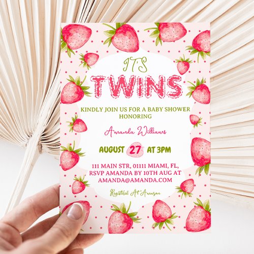 Twin Girls Strawberry Pink Green Cute Baby Shower  Invitation