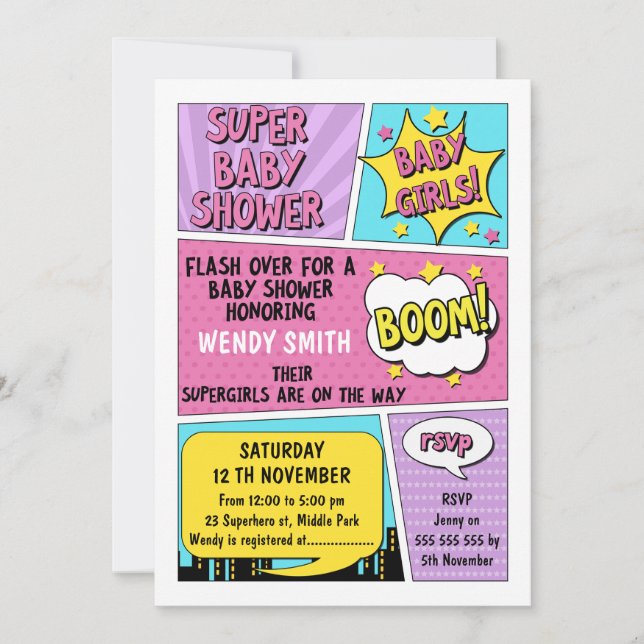 Twin Girls Superhero Baby Shower Invitation (Front)