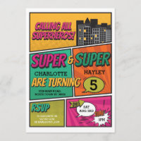 Twin Girl's Superhero Invitation Party Invite