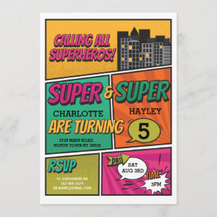 Twin Girl's Superhero Invitation Party Invite