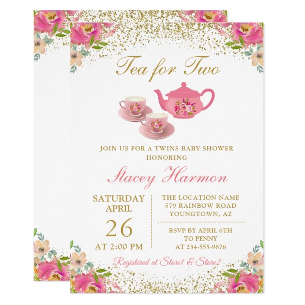 Twin Girls Tea Party Pink Gold Floral Baby Shower Invitation