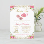 Twin Girls Tea Party Pink Gold Floral Baby Shower Invitation (Standing Front)