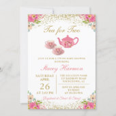 Twin Girls Tea Party Pink Gold Floral Baby Shower Invitation (Front)