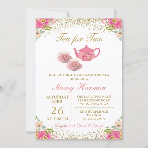 Twin Girls Tea Party Pink Gold Floral Baby Shower Invitation Zazzle