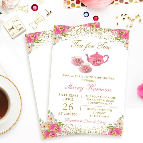 Twin Girls Tea Party Pink Gold Floral Baby Shower Invitation