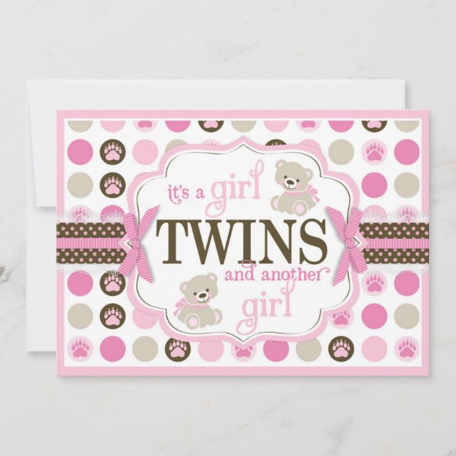 Twin Girls Teddy Bear Baby Shower Pink Invitation (Front)