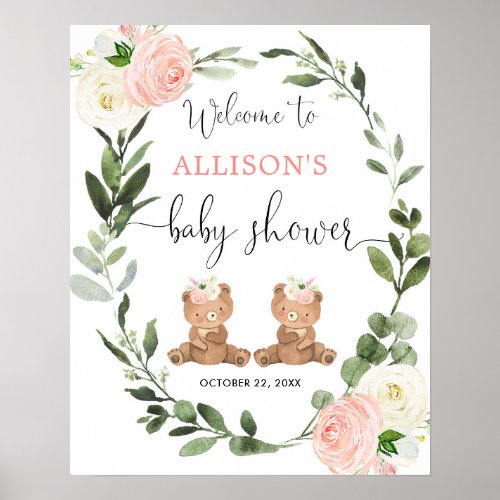 Twin girls teddy bear baby shower welcome sign