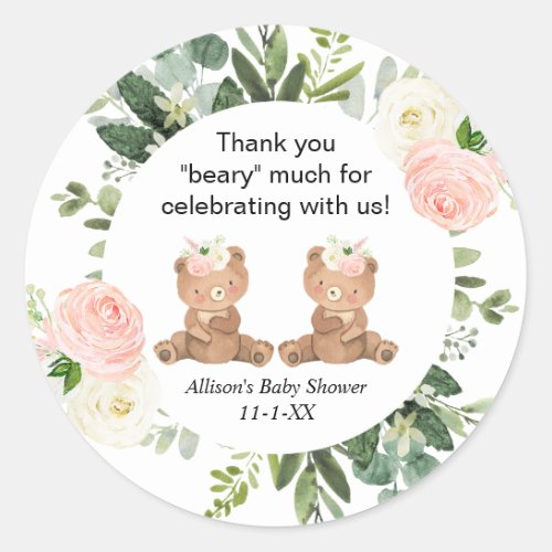 Twin girls teddy bear pink baby shower thank you classic round sticker