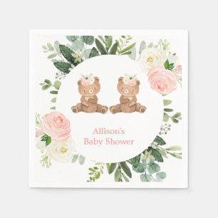 Twin girls teddy bear pink floral baby shower napkins