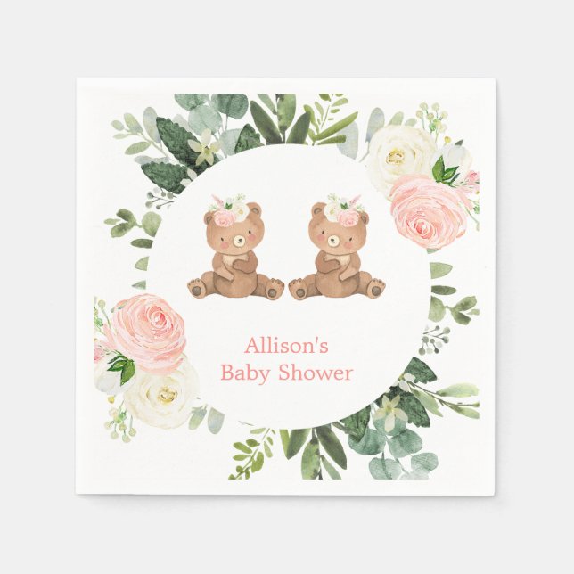 Twin girls teddy bear pink floral baby shower  napkins (Front)