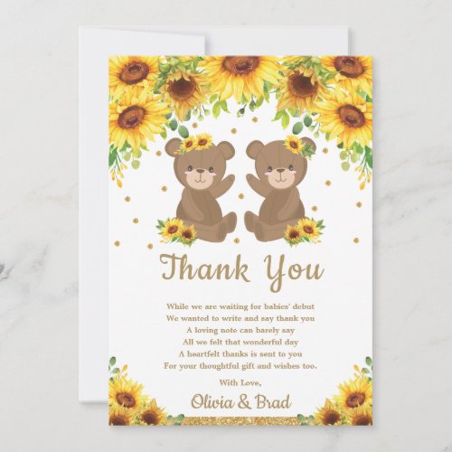 Twin Girls Teddy Bear Sunflower Baby Shower Thank You Card