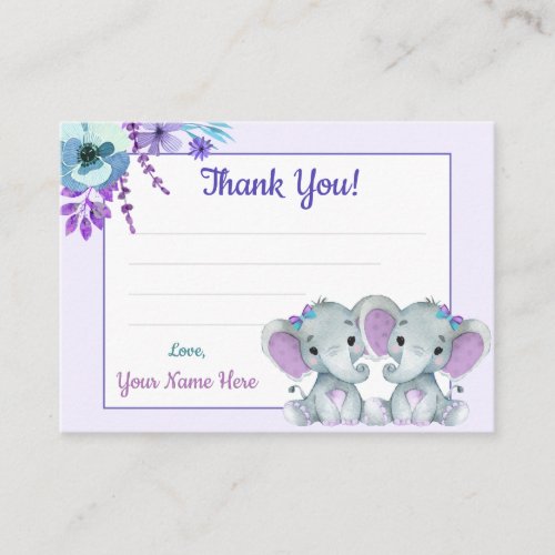 Twin Girls Thank You Card Elephant Purple Teal 