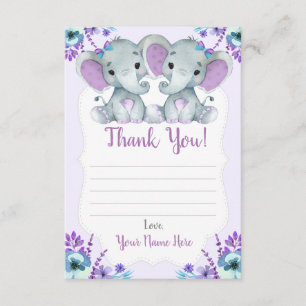 Twin Girls Thank You Cards with Elephants Flowers