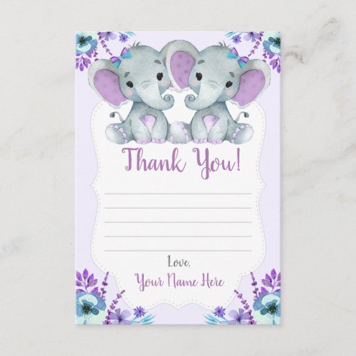 Twin Girls Thank You Cards with Elephants Flowers 